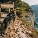 Randonnée gorges du Verdon avec chien, harnais sur sentier calcaire près du vide