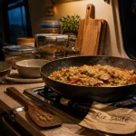 Repas camping car : riz sauté poulet légumes à la poêle