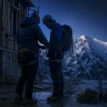 Stage alpinisme chamonix près du Refuge Albert 1er, corde et baudrier sur gravier humide