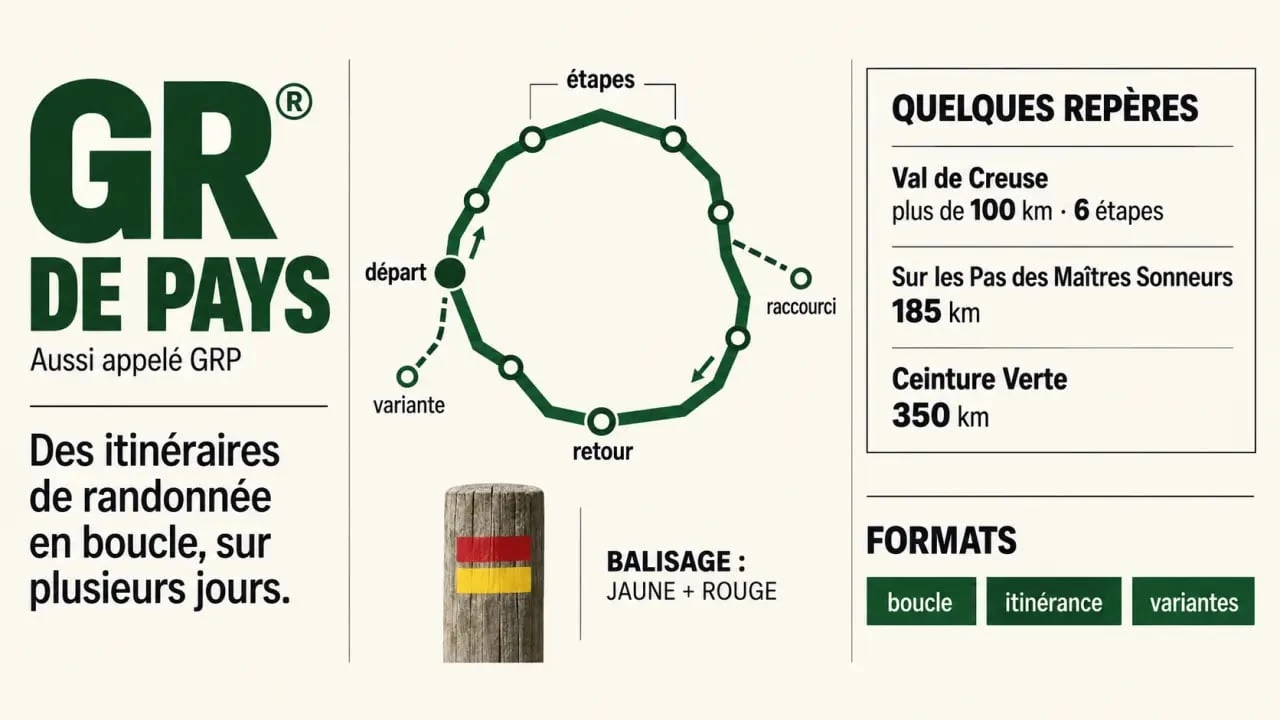 Infographie sur le sentier de grande randonnée de pays GRP, son balisage et ses exemples d’itinéraires