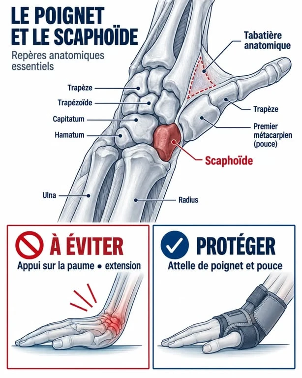 Schéma de fracture scaphoïde : les gestes à éviter, notamment l'appui sur la paume et les torsions du poignet