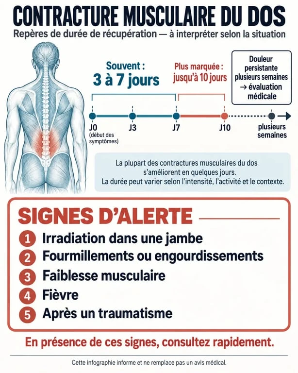 Infographie sur le temps de guérison d’une contracture musculaire du dos et les signes d’alerte