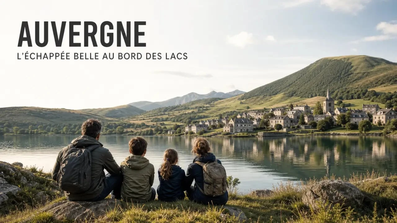 Vacances en auvergnes en famille au bord d'un lac entouré de paysages volcaniques