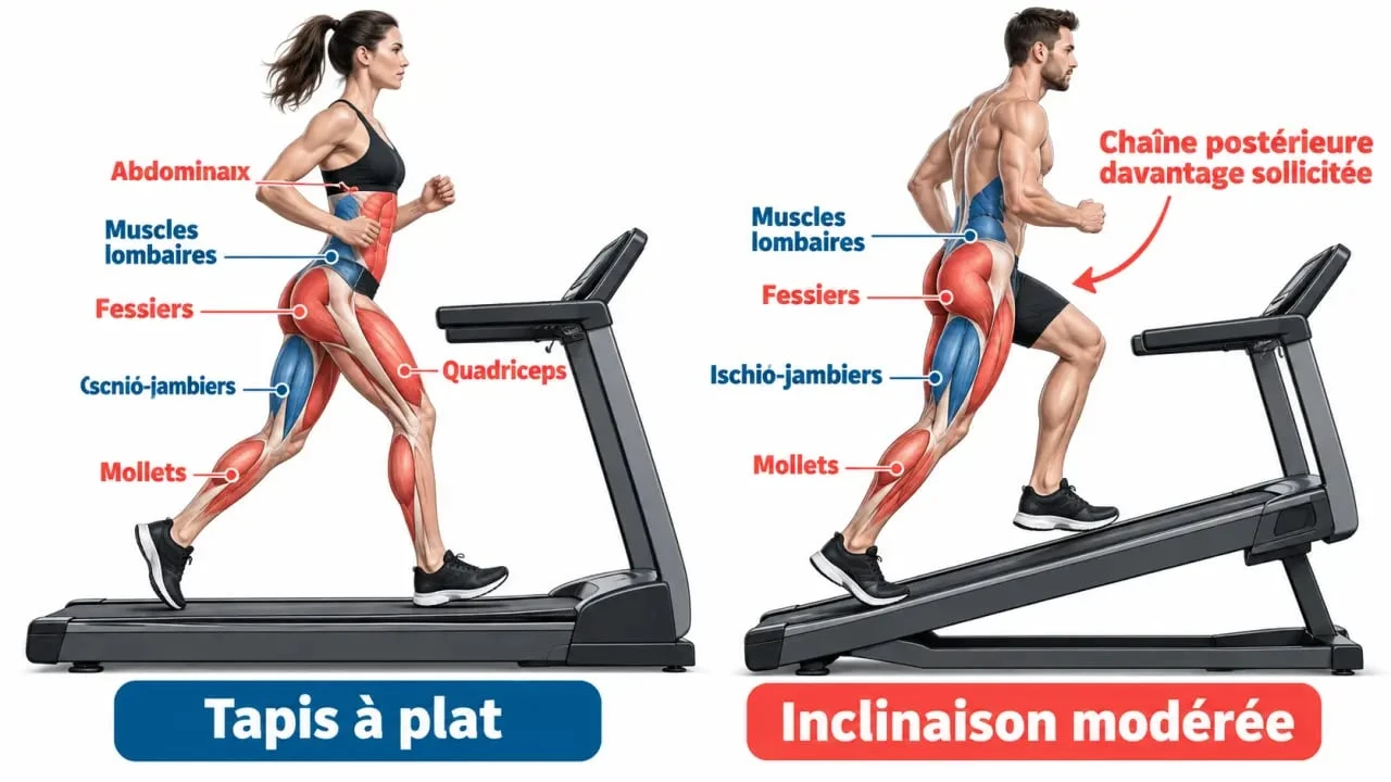 Schéma des muscles sollicités par le tapis de course et l’inclinaison