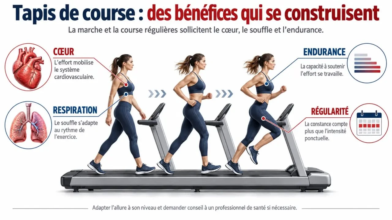Infographie scientifique sur les bienfaits du tapis de course pour le cœur, l’endurance et la régularité