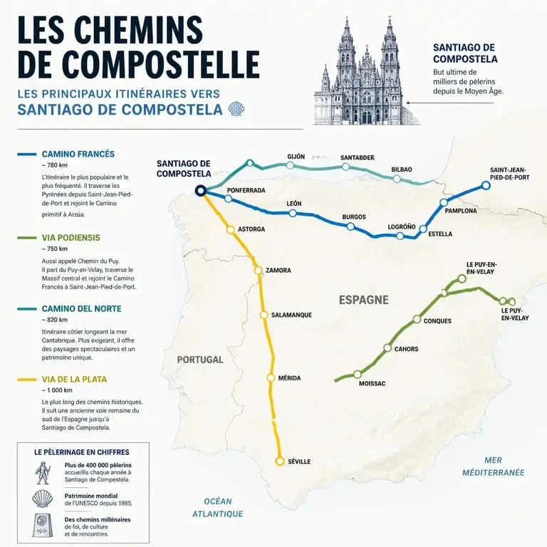 Carte des principaux chemins de Saint-Jacques-de-Compostelle