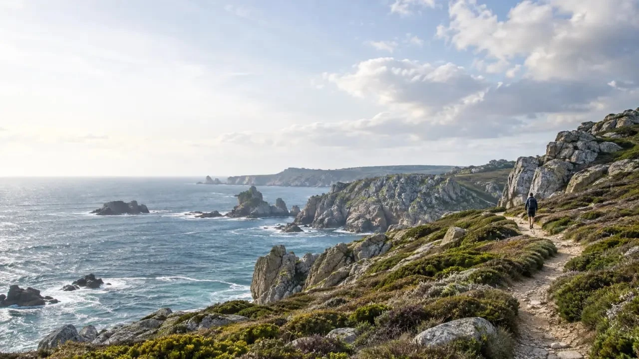Chemin des douaniers sur le littoral breton avec falaises et sentier côtier
