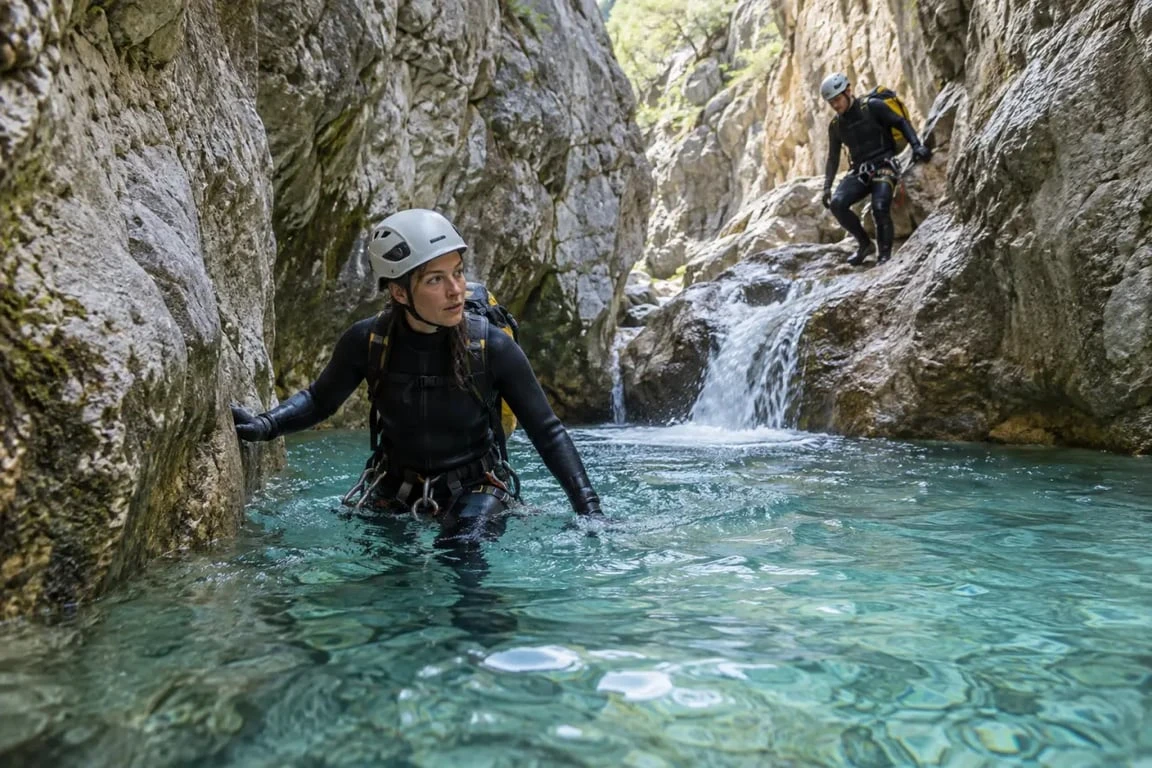 Canyoning en France dans une gorge calcaire avec vasques et cascades