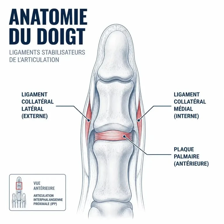 Schéma anatomique des ligaments du doigt illustrant les symptômes d'une entorse du doigt