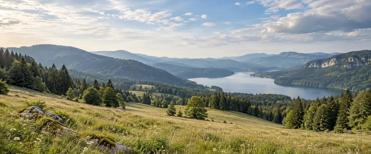 Montagne en France dans le Jura ou les Vosges avec forêt et reliefs doux