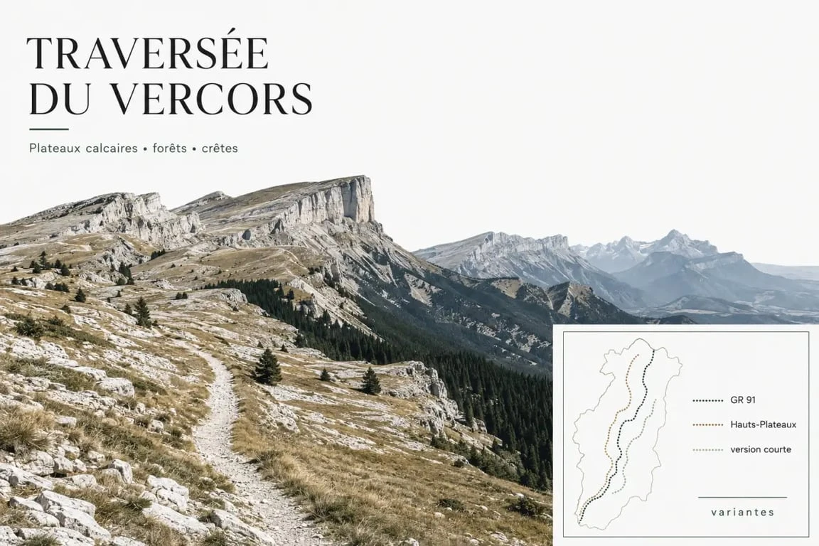 Traversée du Vercors : illustration des variantes GR 91, Hauts-Plateaux et version courte