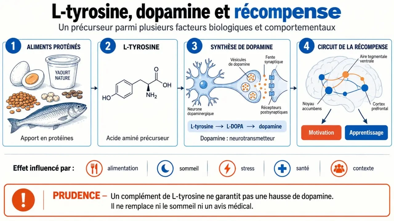 Schéma explicatif du complément alimentaire dopamine, de la L-tyrosine au circuit de la récompense
