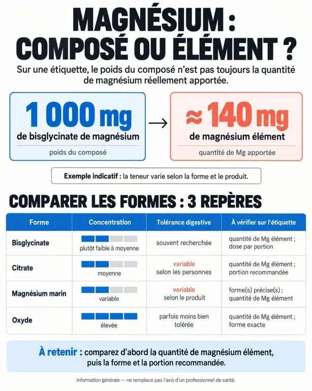 Infographie sur le complément alimentaire magnésium et la comparaison des formes selon le magnésium élément