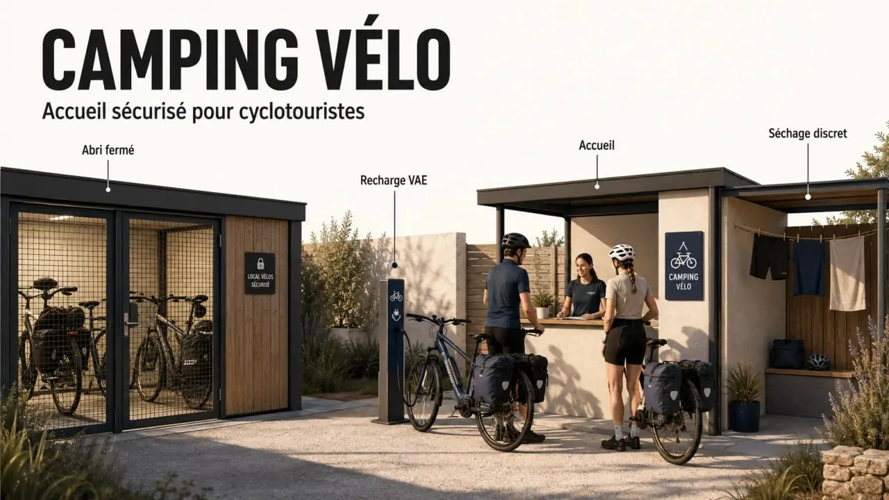 Camping velo : cyclotouriste devant un abri sécurisé avec recharge VAE et séchage du linge