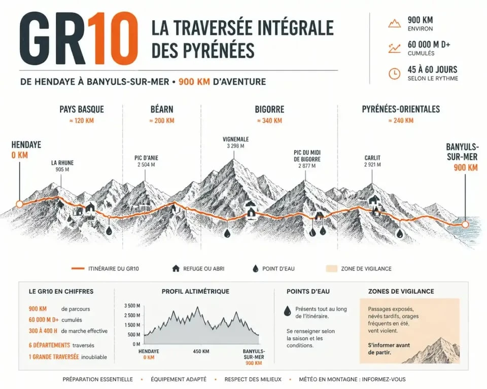 Carte GR10 illustrant l’itinéraire du GR10 de Hendaye à Banyuls-sur-Mer à travers les Pyrénées