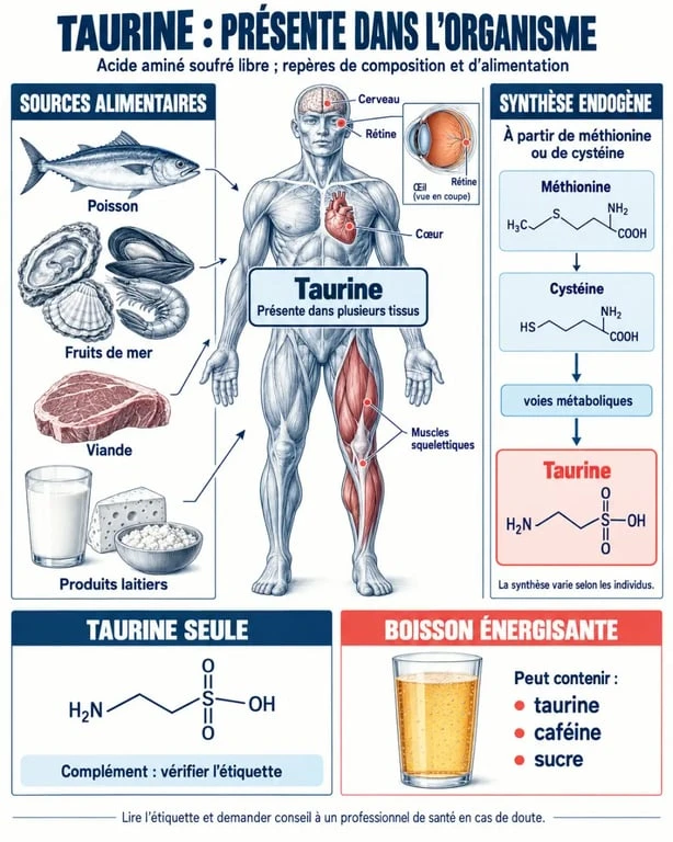 Infographie sur la taurine complément alimentaire, ses sources, sa synthèse et sa présence dans l’organisme