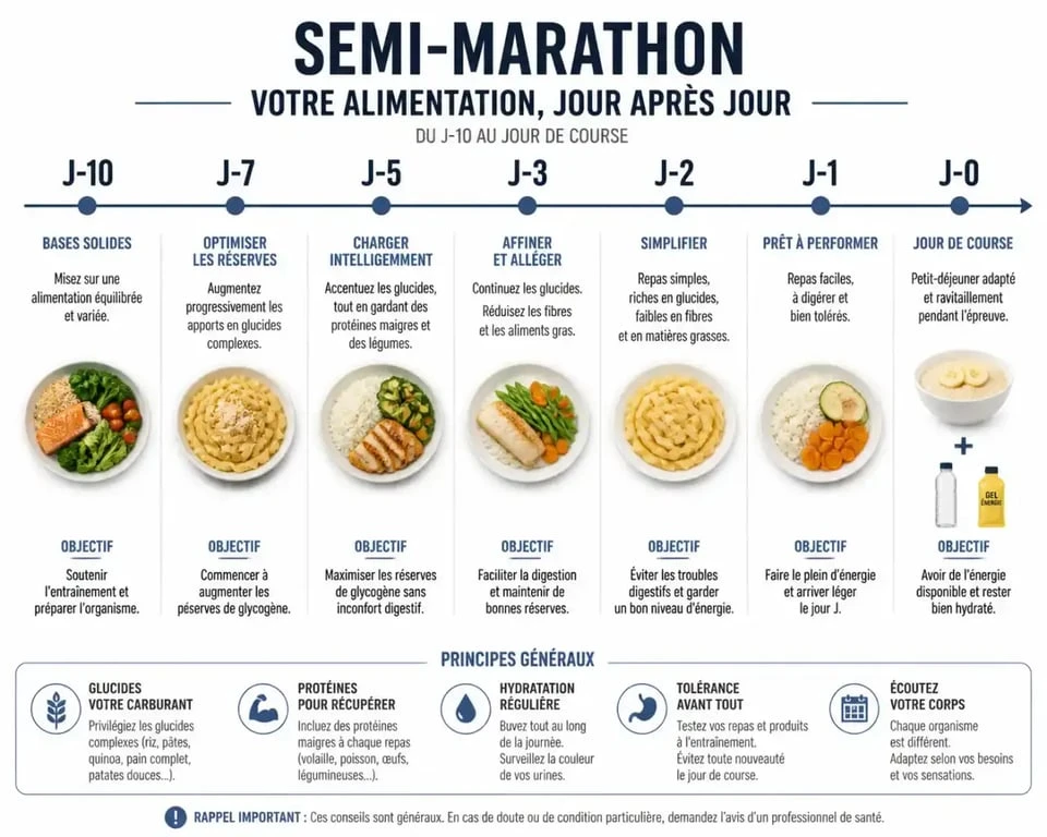 Frise chronologique de la nutrition pour un semi-marathon de J-10 à J-0