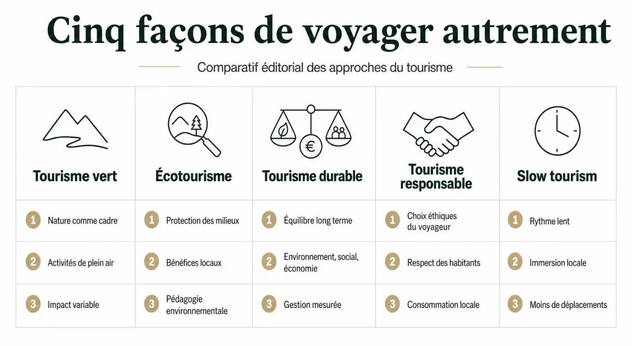 Tourisme vert : comparaison visuelle avec écotourisme, tourisme durable, tourisme responsable et slow tourism