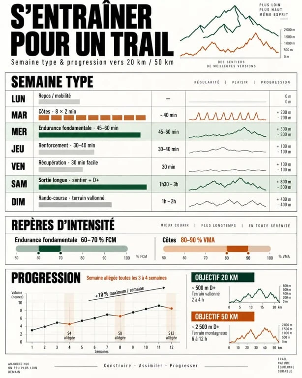 Infographie de plan d'entraînement trail avec séances de côtes, sortie longue et rando-course