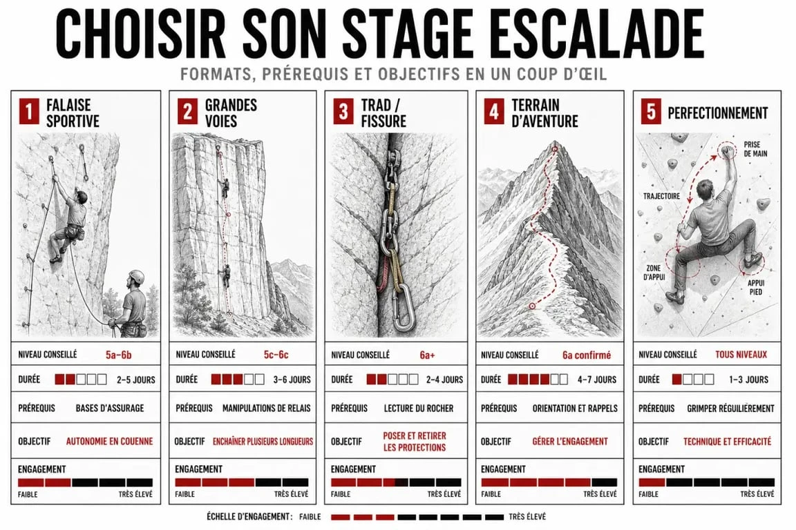 Stage escalade : comparaison visuelle des formats falaise, grandes voies, trad et terrain d’aventure