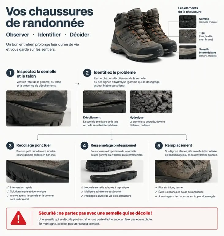 Infographie pour entretenir et faire ressemeler ses chaussures de randonnée selon les signes d’usure