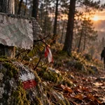 Liste des GR en France : marquage GR blanc et rouge sur sentier humide