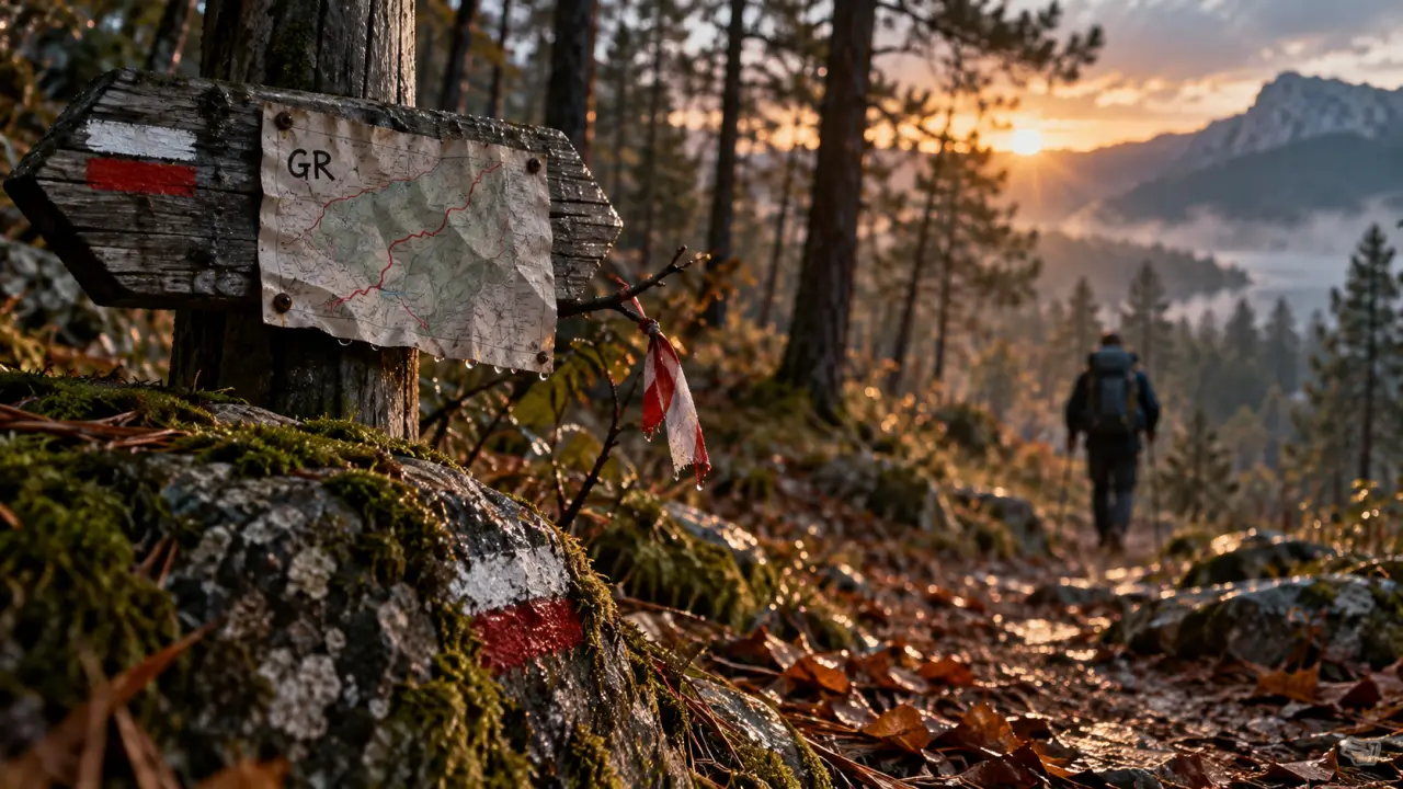 Liste des GR en France : marquage GR blanc et rouge sur sentier humide