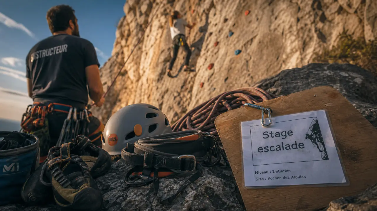 Stage escalade en falaise : baudrier, casque et voies équipées selon niveau