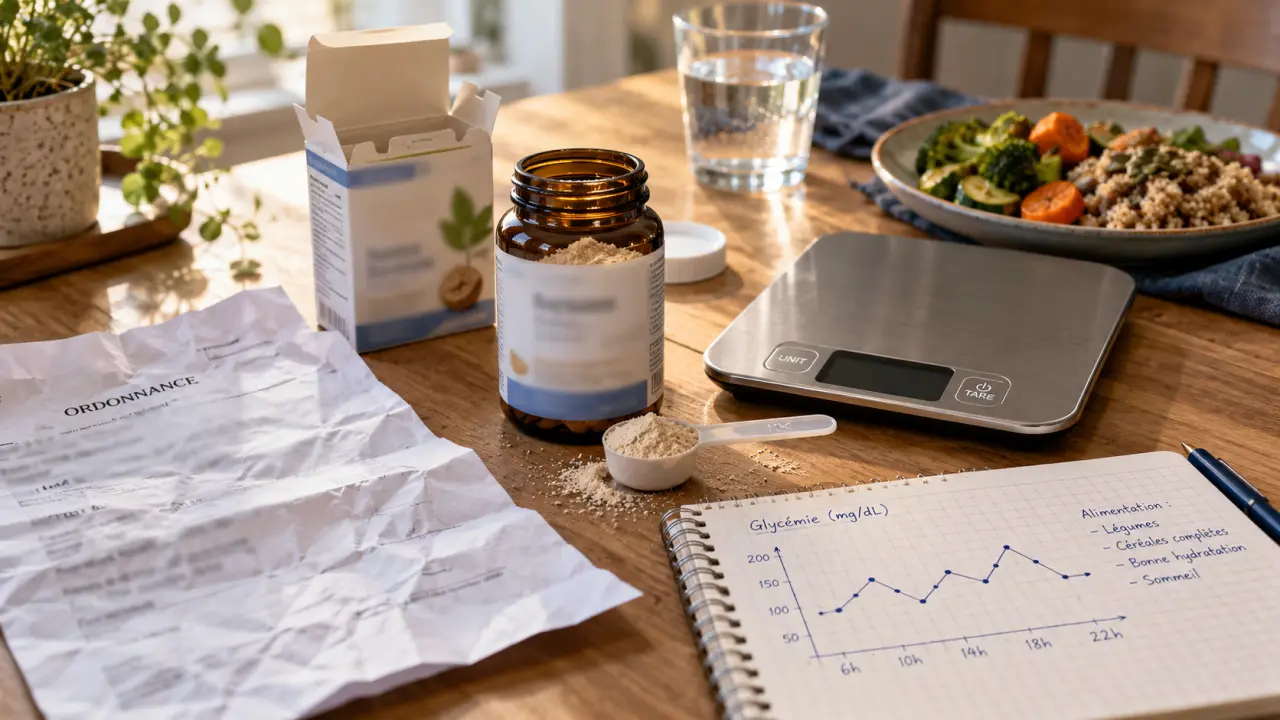 Complément alimentaire glycémie : boîte, doseur, ordonnance et carnet de glycémie