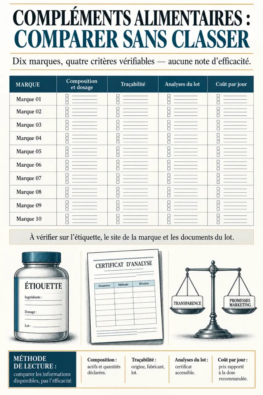 Infographie pour comparer un top 10 marque de complément alimentaire selon le dosage, la traçabilité et le coût par jour