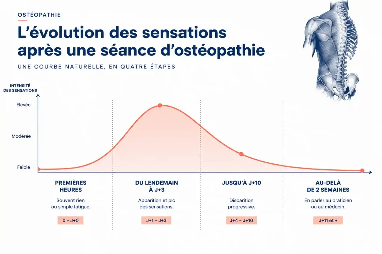 Frise chronologique de l'effet rebond en ostéopathie : symptômes attendus de quelques heures à 10 jours après la séance