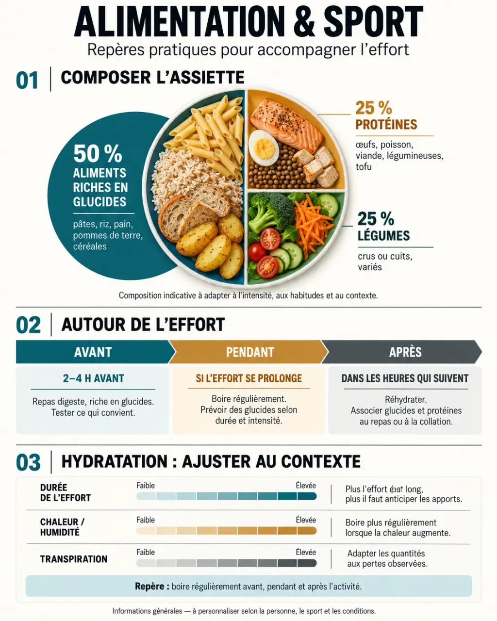 Infographie sur l’alimentation et le sport : assiette équilibrée, repas autour de l’effort et hydratation