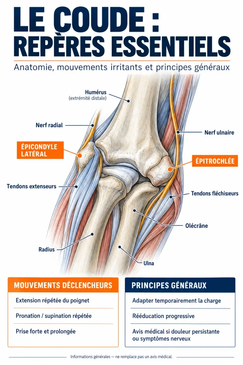 Schéma anatomique pour comprendre le coude tendinite traitement, entre épicondylite externe, épitrochléite interne et nerfs du coude
