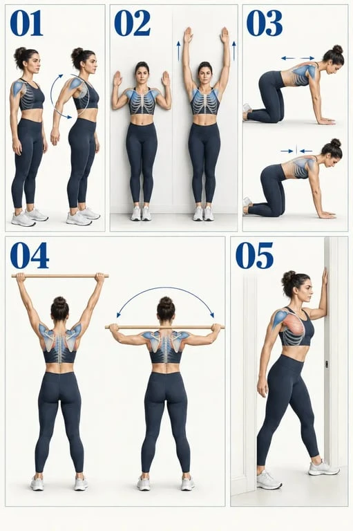Séquence d’exercices mobilité épaules avec rotations, wall slides et étirement pectoral