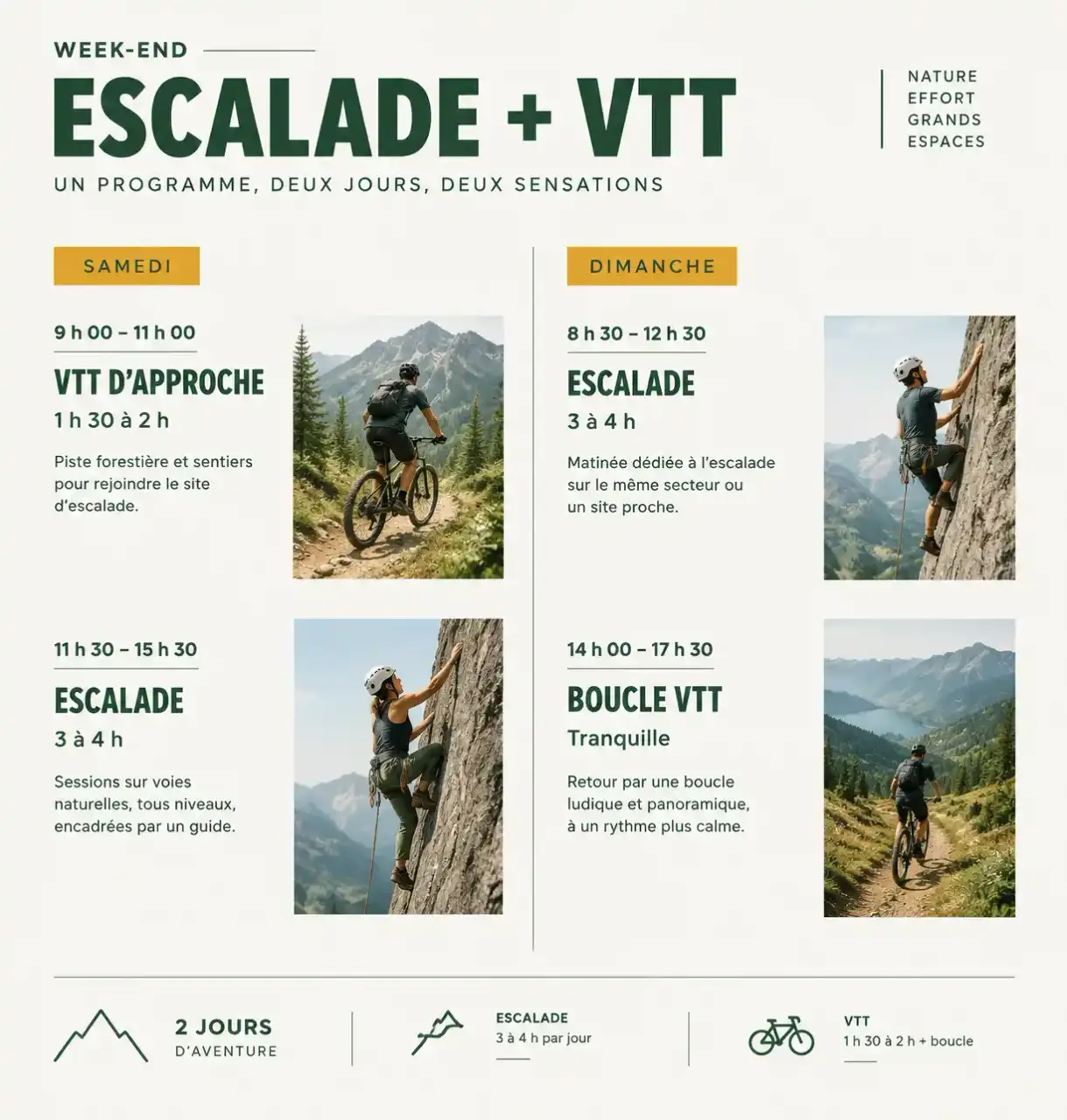 Programme type pour combiner escalade et VTT sur un week-end sportif : samedi et dimanche heure par heure
