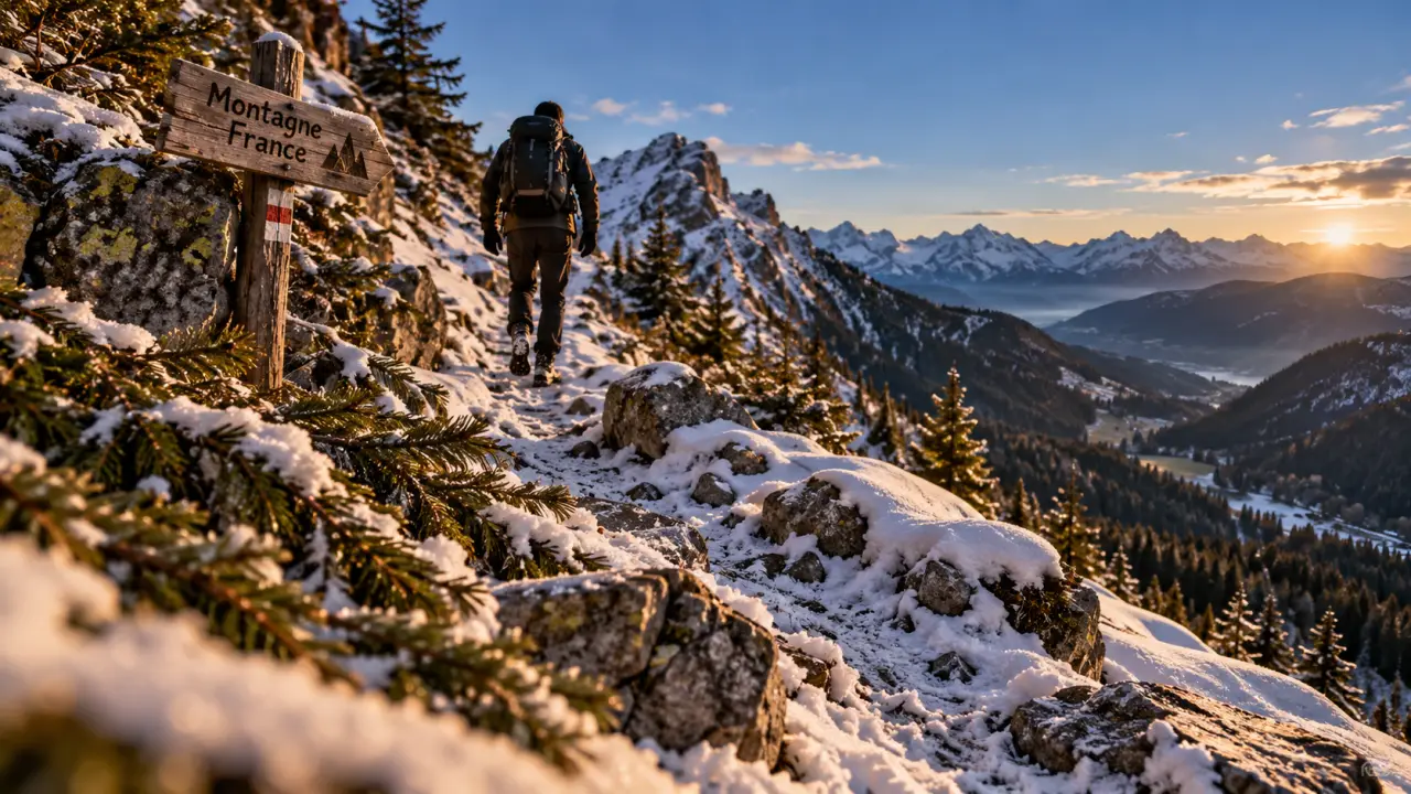 Montagne en france : sentier vers col enneigé, forêts et grands espaces